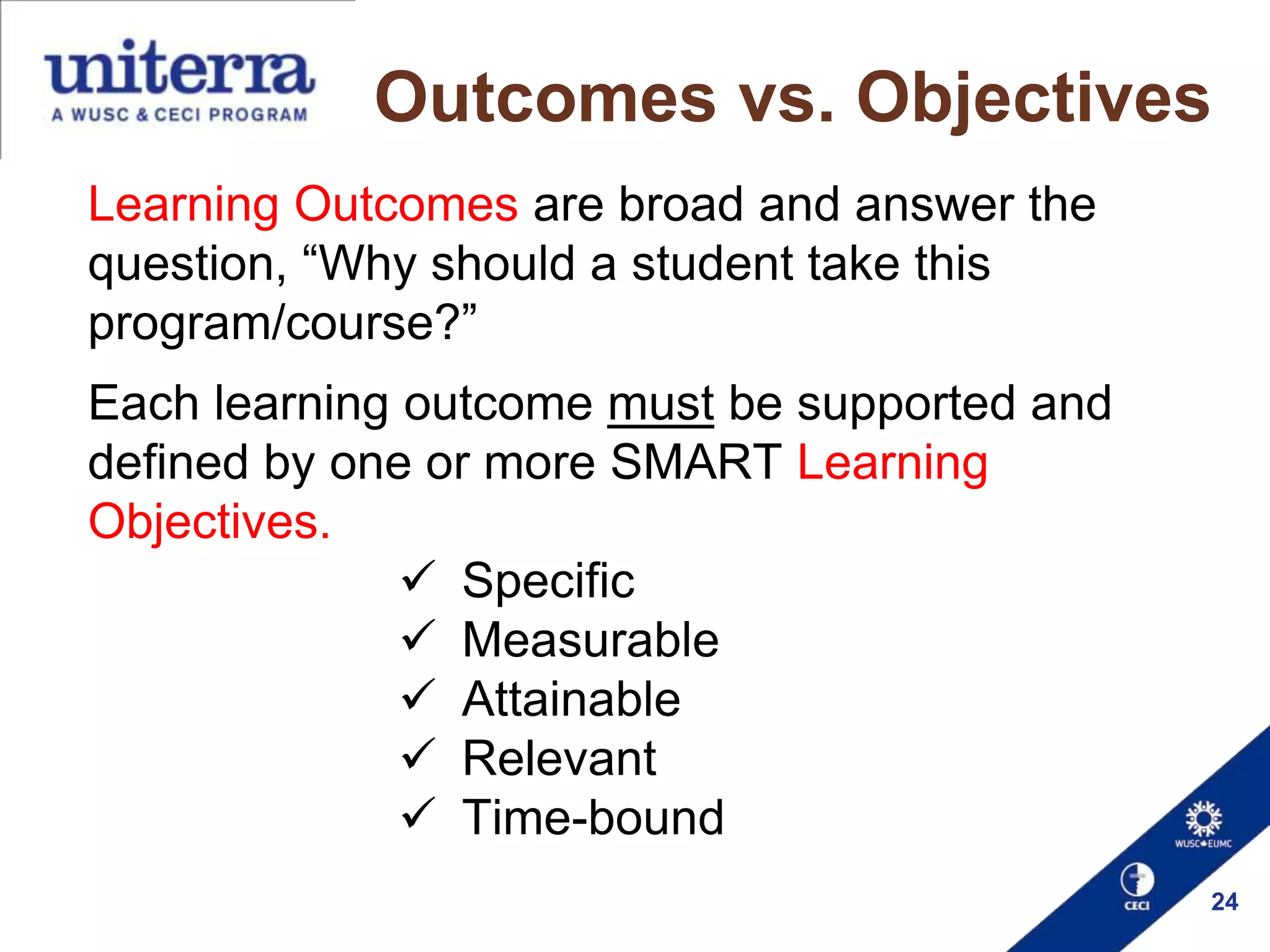 Outcomes vs. Objectives
Learning Outcomes are broad and answer the
question, “Why should a student take this
program/course?”
Each learning outcome must be supported and
defined by one or more SMART Learning
Objectives.
 Specific
 Measurable
 Attainable
 Relevant
 Time-bound
24

 