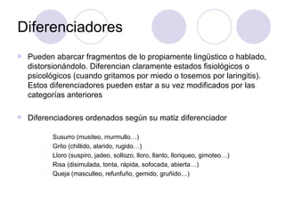Diferenciadores Pueden abarcar fragmentos de lo propiamente lingüstico o hablado, distorsionándolo. Diferencian claramente estados fisiológicos o psicológicos (cuando gritamos por miedo o tosemos por laringitis). Estos diferenciadores pueden estar a su vez modificados por las categorías anteriores Diferenciadores ordenados según su matiz diferenciador  Susurro (musiteo, murmullo…) Grito (chillido, alarido, rugido…) Lloro (suspiro, jadeo, sollozo, lloro, llanto, lloriqueo, gimoteo…) Risa (disimulada, tonta, rápida, sofocada, abierta…) Queja (masculleo, refunfuño, gemido, gruñido…) 