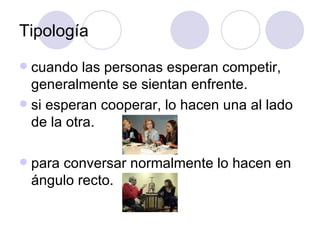 Tipología cuando las personas esperan competir, generalmente se sientan enfrente. si esperan cooperar, lo hacen una al lado de la otra. para conversar normalmente lo hacen en ángulo recto. 