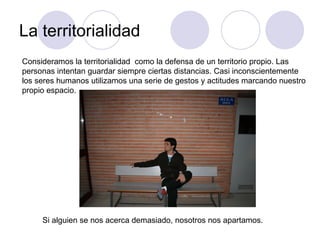 La territorialidad  Consideramos la territorialidad  como la defensa de un territorio propio. Las personas intentan guardar siempre ciertas distancias. Casi inconscientemente los seres humanos utilizamos una serie de gestos y actitudes marcando nuestro propio espacio.  Si alguien se nos acerca demasiado, nosotros nos apartamos.  