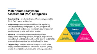 Millennium Ecosystem
Assessment (MA) Categories
• Provisioning – products obtained from ecosystems like
food, fresh water, and timber
• Regulating – benefits obtained from the regulating
influence of ecosystem processes, including climate,
weather, flood, and disease regulation, as well as water
purification and crop pollination services
• Cultural – nonmaterial benefits obtained from
ecosystems, including spiritual, religious, inspirational,
educational, and recreational benefits, as well as benefits
associated with ecotourism and cultural heritage
• Supporting – services necessary to produce all other
ecosystem services like soil formation, nutrient cycling,
waste decomposition, habitat, and primary production
 