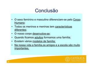 Conclusão
• O sexo feminino e masculino diferenciam-se pelo Corpo
Humano;
• Todos os meninos e meninas tem características
diferentes;
• O nosso corpo desenvolve-se;
• Quando ficamos adultos formamos uma família;
• Existem vários modelos de família;
• Na nossa vida a família,os amigos e a escola são muito
importantes.
23
 