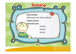 3
Corpo HumanoCorpo Humano
•Diferenças entre rapaz e rapariga
Imagem corporal
Interacção social:
•Família
•Amigos
•Escola
SumSumááriorio
 