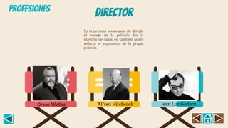 Director
Es la persona encargada de dirigir
el rodaje de la película. En la
mayoría de casos es también quien
redacta el argumento de la propia
película.
Orson Welles Alfred Hitchcock Jean Luc-Godard
Profesiones
 
