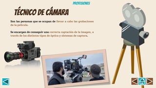 TÉCNICO DE CÁMARA
Son las personas que se ocupan de llevar a cabo las grabaciones
de la película.
Se encargan de conseguir una correcta captación de la imagen, a
través de los distintos tipos de óptica y sistemas de captura.
Profesiones
 
