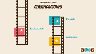 CLASIFICACIONES
Formato
Estilo o tono
Audiencia
Géneros cinematográficos
 