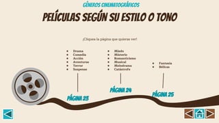 ¡Cliquea la página que quieras ver!
Películas según su estilo o tono
Página 24
Página 25
★ Drama
★ Comedia
★ Acción
★ Aventuras
★ Terror
★ Suspense
Página 23
★ Miedo
★ Misterio
★ Romanticismo
★ Musical
★ Melodrama
★ Catástrofe
★ Fantasía
★ Bélicas
GÉNEROS CINEMATOGRÁFICOS
 