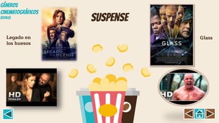 suspense
Legado en
los huesos
Glass
GÉNEROS
CINEMATOGRÁFICOS
(Estil0)
 