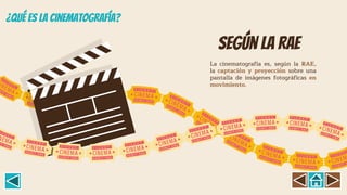 Según la rae
La cinematografía es, según la RAE,
la captación y proyección sobre una
pantalla de imágenes fotográficas en
movimiento.
 