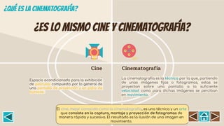 ¿Es lo mismo cine y cinematografía?
.
Cinematografía
.
Cine
La cinematografía es la técnica por la que, partiendo
de unas imágenes fijas o fotogramas, estas se
proyectan sobre una pantalla a la suficiente
velocidad como para dichas imágenes se perciban
en movimiento.
El cine, mejor conocido como la cinematografía, es una técnica y un arte
que consiste en la captura, montaje y proyección de fotogramas de
manera rápida y sucesiva. El resultado es la ilusión de una imagen en
movimiento.
Espacio acondicionado para la exhibición
de películas compuesto por lo general de
una pantalla de proyección y un patio de
butacas.
 