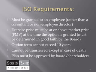    Must be granted to an employee (rather than a
    consultant or non-employee director)
   Exercise price must be at or above market price
    (FMV) at the time the option is granted (must
    be determined in good faith by the Board)
   Option term cannot exceed 10 years
   Cannot be transferred except in case of death
   Plan must be approved by board/shareholders


                                                      11
 