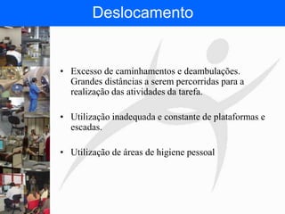 FISIOTERAPIA DO TRABALHO
Deslocamento
• Excesso de caminhamentos e deambulações.
Grandes distâncias a serem percorridas para a
realização das atividades da tarefa.
• Utilização inadequada e constante de plataformas e
escadas.
• Utilização de áreas de higiene pessoal
 