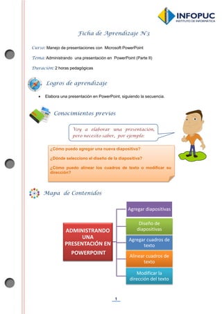 1
Ficha de Aprendizaje N°3
Curso: Manejo de presentaciones con Microsoft PowerPoint
Tema: Administrando una presentación en PowerPoint (Parte II)
Duración: 2 horas pedagógicas
 Elabora una presentación en PowerPoint, siguiendo la secuencia.
ADMINISTRANDO
UNA
PRESENTACIÓN EN
POWERPOINT
Agregar diapositivas
Diseño de
diapositivas
Agregar cuadros de
texto
Alinear cuadros de
texto
Modificar la
dirección del texto
Conocimientos previos
Mapa de Contenidos
Voy a elaborar una presentación,
pero necesito saber, por ejemplo:
¿Cómo puedo agregar una nueva diapositiva?
¿Dónde selecciono el diseño de la diapositiva?
¿Cómo puedo alinear los cuadros de texto o modificar su
dirección?
Logros de aprendizaje
 