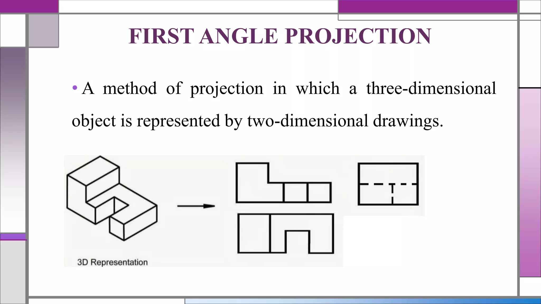 • A method of projection in which a three-dimensional
object is represented by two-dimensional drawings.
FIRST ANGLE PROJECTION
 