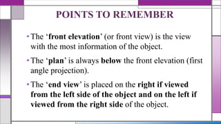 •The ‘front elevation’ (or front view) is the view
with the most information of the object.
•The ‘plan’ is always below the front elevation (first
angle projection).
•The ‘end view’ is placed on the right if viewed
from the left side of the object and on the left if
viewed from the right side of the object.
POINTS TO REMEMBER
 