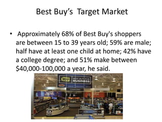 Best Buy’s Target Market

• Approximately 68% of Best Buy's shoppers
  are between 15 to 39 years old; 59% are male;
  half have at least one child at home; 42% have
  a college degree; and 51% make between
  $40,000-100,000 a year, he said.
 