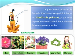 A partir destes processos de
formação (derivação e composição) forma-
se a família de palavras, já que todas
respeitam o mesmo radical, isto é, derivam
da mesma palavra primitiva.
Repara no
exemplo:
florflor floriculturafloricultura floristaflorista floreirafloreira couve-florcouve-flor FlorbelaFlorbela
 