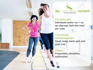 www.functionaltraining.be
De
12 weken plan
Individuele sessies van 1 uur
op afspraak, liefst één maal
per week
7 functionele
basisbewegingen
Squat, lunge, bend, gait, pull,
push, twist
3 fases
Preparation, stimulation,
confirmation
aanpak
 