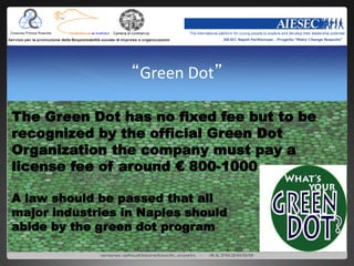 “Green Dot”

The Green Dot has no fixed fee but to be
recognized by the official Green Dot
Organization the company must pay a
license fee of around € 800-1000

A law should be passed that all
major industries in Naples should
abide by the green dot program
 