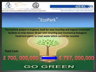 “EcoPark”
The EcoPark project in England, built for new recycling and organic treatment
  facilities to help deliver 50 per cent recycling and mechanical biological
          treatment plants to treat waste which cannot be recycled.




Total Cost:
 