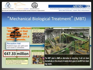“Mechanical Biological Treatment” (MBT)
 The highly efficient
 “MBT” plant that
 exists in the UK
 costs about £41.5
 million pounds.




€47.33 million
 