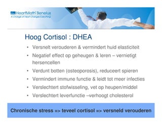 Hoog Cortisol : DHEA
      • Versnelt verouderen & vermindert huid elasticiteit
      • Negatief effect op geheugen & leren – vernietigt
        hersencellen
      • Verdunt botten (osteoporosis), reduceert spieren
      • Vermindert immune functie & leidt tot meer infecties
      • Verslechtert stofwisseling, vet op heupen/middel
      • Verslechtert leverfunctie –verhoogt cholesterol


Chronische stress => teveel cortisol => versneld verouderen
 