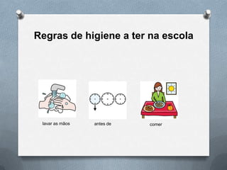 Regras de higiene a ter na escola

lavar as mãos

antes de

comer

 