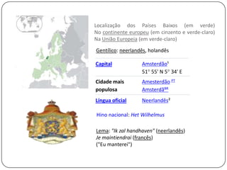 Localização dos Países Baixos (em verde)No continente europeu (em cinzento e verde-claro)Na União Europeia (em verde-claro)Gentílico: neerlandês, holandêsHino nacional: HetWilhelmusLema: "Ikzalhandhaven" (neerlandês)Jemaintiendrai (francês)("Eu manterei")