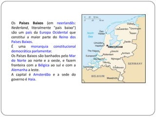 Os Países Baixos (em neerlandês: Nederland, literalmente "país baixo") são um país da Europa Ocidental que constitui a maior parte do Reino dos Países Baixos. É uma monarquia constitucionaldemocrática parlamentar.Os Países Baixos são banhados pelo Mar do Norte ao norte e a oeste, e fazem fronteira com a Bélgica ao sul e com a Alemanha a leste. A capital é Amsterdão e a sede do governo é Haia.