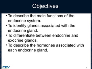 2
Objectives
• To describe the main functions of the
endocrine system.
• To identify glands associated with the
endocrine gland.
• To differentiate between endocrine and
exocrine glands.
• To describe the hormones associated with
each endocrine gland.
 