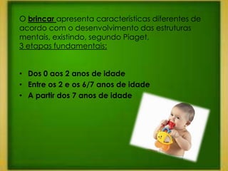 O brincar apresenta características diferentes de
acordo com o desenvolvimento das estruturas
mentais, existindo, segundo Piaget,
3 etapas fundamentais:


• Dos 0 aos 2 anos de idade
• Entre os 2 e os 6/7 anos de idade
• A partir dos 7 anos de idade
 