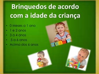 Brinquedos de acordo
    com a idade da criança
•   0 Meses a 1 ano
•   1 e 2 anos
•   3 a 4 anos
•   5 a 6 anos
•   Acima dos 6 anos
 