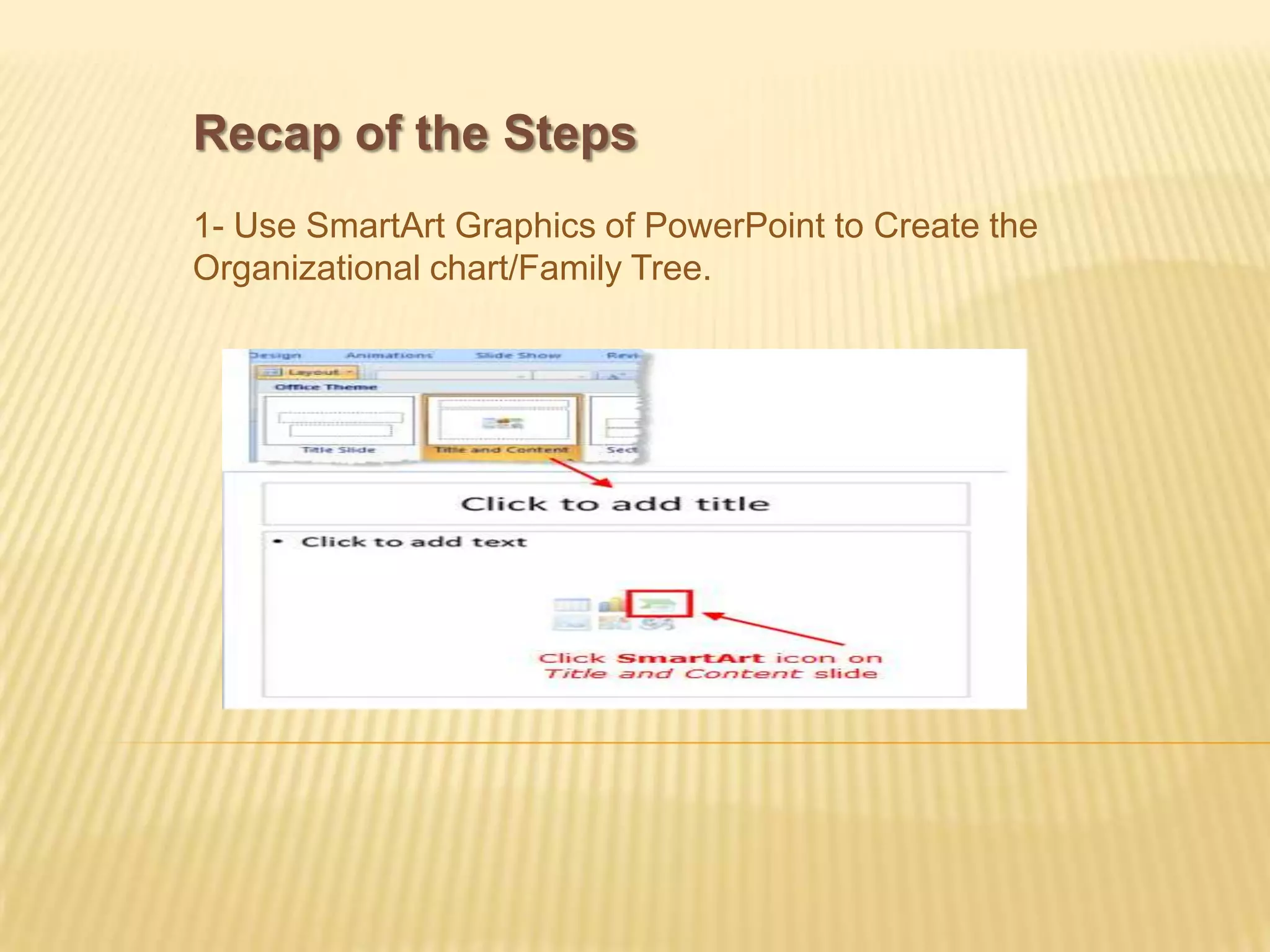 Recap of the Steps
1- Use SmartArt Graphics of PowerPoint to Create the
Organizational chart/Family Tree.
 