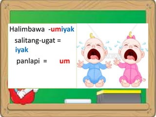 Halimbawa -umiyak
salitang-ugat =
iyak
panlapi = um
 