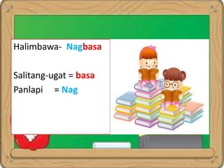 Halimbawa- Nagbasa
Salitang-ugat = basa
Panlapi = Nag
 
