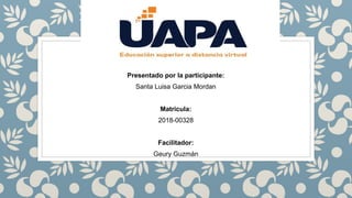 Presentado por la participante:
Santa Luisa Garcia Mordan
Matricula:
2018-00328
Facilitador:
Geury Guzmán
 