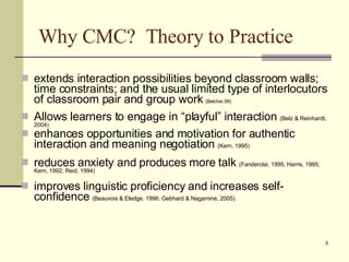 Why CMC?  Theory to Practice extends interaction possibilities beyond classroom walls; time constraints; and the usual limited  type  of interlocutors of classroom pair and group work   (B elcher,99 ) Allows learners to engage in “playful” interaction  (Belz & Reinhardt, 2004) enhances opportunities and motivation for authentic interaction and meaning negotiation  (Kern, 1995) reduces anxiety and produces more talk  (Fanderclai, 1995; Harris, 1995; Kern, 1992; Reid, 1994) improves linguistic proficiency and increases self-confidence  (Beauvois & Eledge, 1996; Gebhard & Nagamine, 2005). 