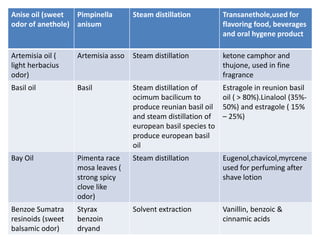 Anise oil (sweet 
odor of anethole) 
Pimpinella 
anisum 
Steam distillation Transanethole,used for 
flavoring food, beverages 
and oral hygene product 
Artemisia oil ( 
light herbacius 
odor) 
Artemisia asso Steam distillation ketone camphor and 
thujone, used in fine 
fragrance 
Basil oil Basil Steam distillation of 
ocimum bacilicum to 
produce reunian basil oil 
and steam distillation of 
european basil species to 
produce european basil 
oil 
Estragole in reunion basil 
oil ( > 80%).Linalool (35%- 
50%) and estragole ( 15% 
– 25%) 
Bay Oil Pimenta race 
mosa leaves ( 
strong spicy 
clove like 
odor) 
Steam distillation Eugenol,chavicol,myrcene 
used for perfuming after 
shave lotion 
Benzoe Sumatra 
resinoids (sweet 
balsamic odor) 
Styrax 
benzoin 
dryand 
Solvent extraction Vanillin, benzoic & 
cinnamic acids 
 