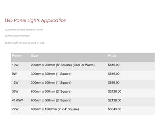 Power Size Price
10W 200mm x 200mm (8” Square) (Cool or Warm) $816.00
9W 300mm x 300mm (1’ Square) $816.00
12W 300mm x 300mm (1’ Square) $816.00
36W 600mm x 600mm (2’ Square) $2128.00
41.65W 600mm x 600mm (2’ Square) $2128.00
72W 600mm x 1200mm (2’ x 4’ Square) $3343.00
LED Panel Lights Application
1)Commercial Retail Aesthetic Facelift.
2)Office Space Redesign.
3)Lightweight Tiles can be stuck on walls.
 