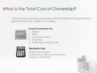 What is the Total Cost of Ownership?
-What are the usual costs associated with Ownership of having (4) Flood
lights illuminate the outside of a building
1. Ballasts
2. Bulbs
3. Labor (Electrician)
4. Downtime
5. Scaffolding/ Hydraulic Lifts
Physical Components Cost
Energy Consumption.
Calculated in KWH and cost derived
based on Utility Rates.
Electricity Cost
 