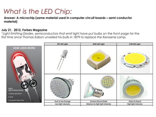 What is the LED Chip:
July 21, 2012, Forbes Magazine
“Light Emitting Diodes, semiconductors that emit light have put bulbs on the front page for the
first time since Thomas Edison unveiled his bulb in 1879 to replace the Kerosene Lamp.
Answer: A microchip (same material used in computer circuit boards – semi conductor
material)
 