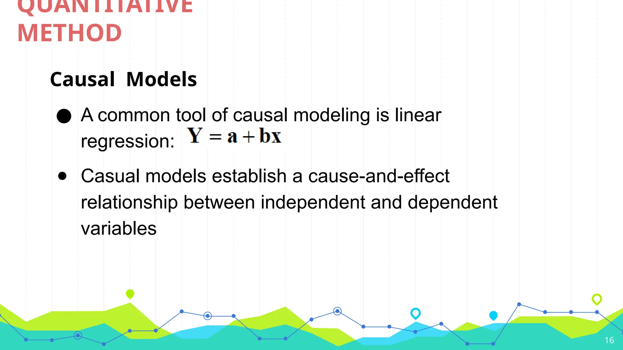 16
QUANTITATIVE
METHOD
Causal Models
● A common tool of causal modeling is linear
regression:
● Casual models establish a cause-and-effect
relationship between independent and dependent
variables
 