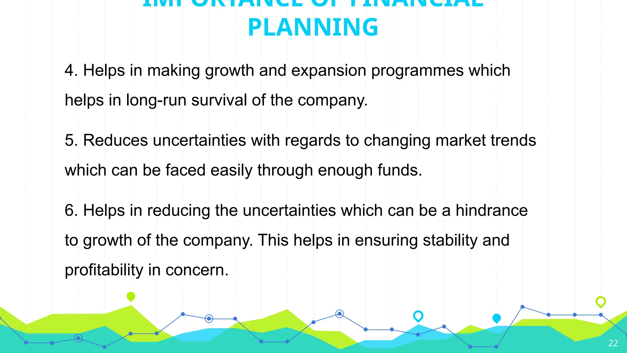 IMPORTANCE OF FINANCIAL
PLANNING
4. Helps in making growth and expansion programmes which
helps in long-run survival of the company.
5. Reduces uncertainties with regards to changing market trends
which can be faced easily through enough funds.
6. Helps in reducing the uncertainties which can be a hindrance
to growth of the company. This helps in ensuring stability and
profitability in concern.
22
 