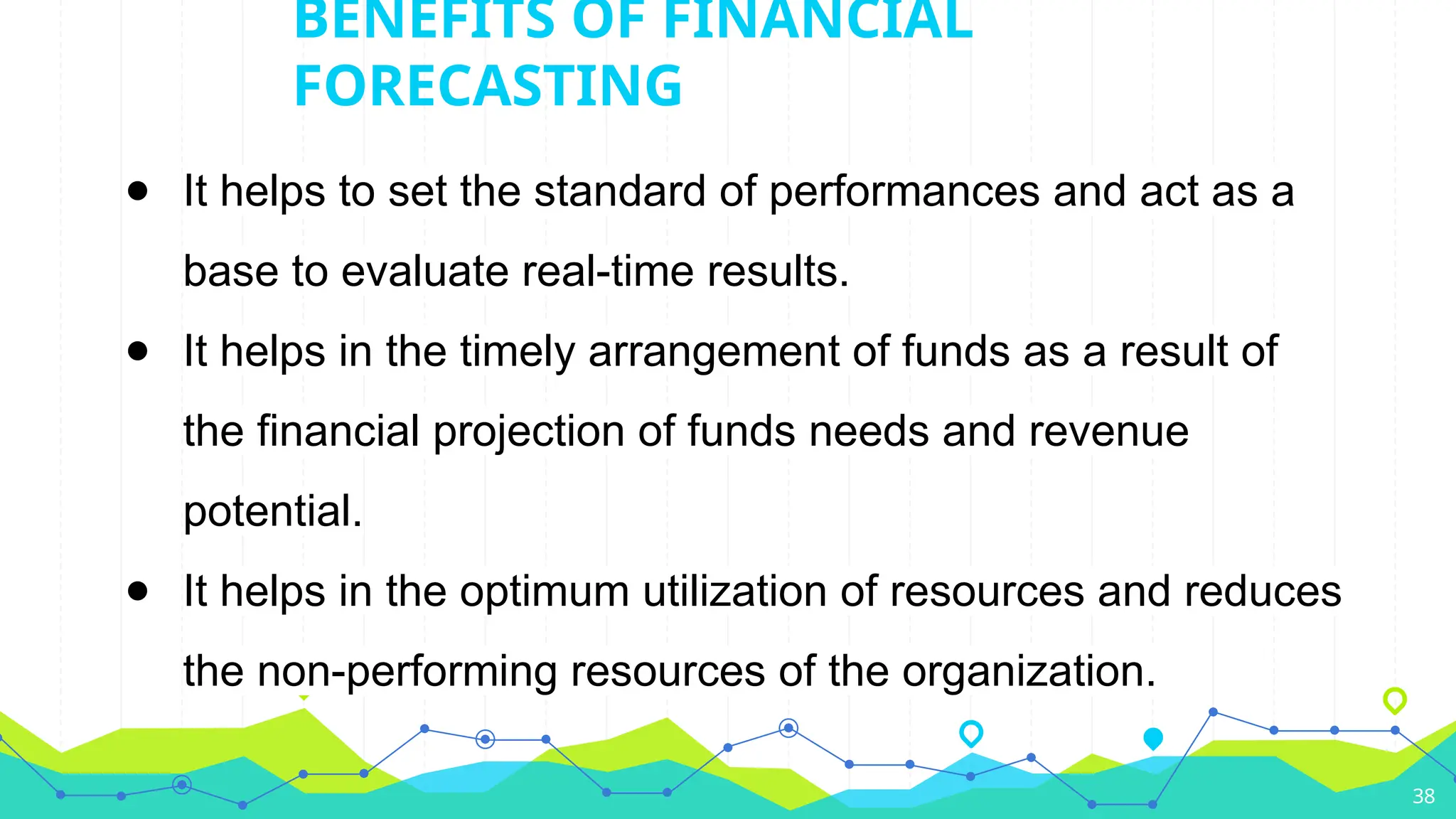 ● It helps to set the standard of performances and act as a
base to evaluate real-time results.
● It helps in the timely arrangement of funds as a result of
the financial projection of funds needs and revenue
potential.
● It helps in the optimum utilization of resources and reduces
the non-performing resources of the organization.
38
BENEFITS OF FINANCIAL
FORECASTING
 