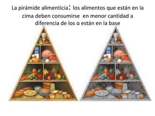 La pirámide alimenticia: los alimentos que están en la
    cima deben consumirse en menor cantidad a
         diferencia de los q están en la base
 