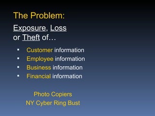 The Problem:
Exposure, Loss
or Theft of…
   Customer information
   Employee information
   Business information
   Financial information

      Photo Copiers
    NY Cyber Ring Bust
 