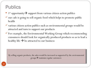 Publics
      1st opportunity support from various citizen-action publics
      our cafe is going to sell organic food which helps to promote public
       health
      various citizen-action publics such as environmental groups would be
       attracted and turn to support our products
      For example, the Environmental Working Group which recommending
       consumers should look for organically produced products so as to lead a
       healthy life  be attracted to our business



       By selling organic products, the sales would be increased as supported by the environmental
                                  groups maintain regular customers

42
 