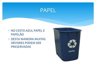 PAPEL
 NO CESTO AZUL PAPEL E
PAPELÃO
 DESTA MANEIRA MUITAS
ÁRVORES PODEM SER
PRESERVADAS
 
