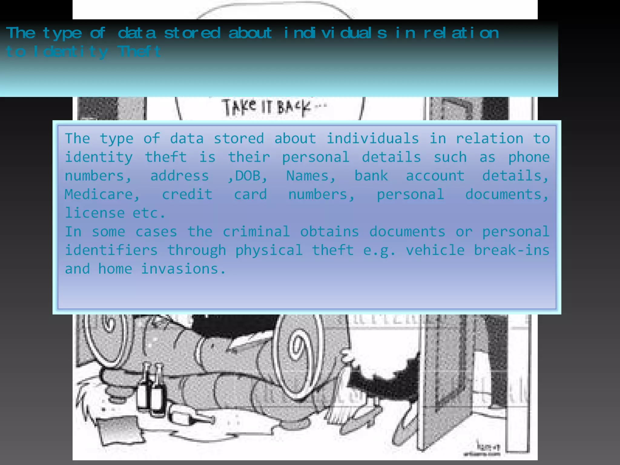 The type of data stored about individuals in relation to Identity Theft 