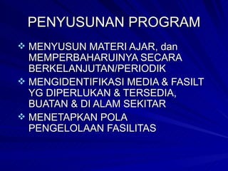 PENYUSUNAN PROGRAM MENYUSUN MATERI AJAR, dan MEMPERBAHARUINYA SECARA BERKELANJUTAN/PERIODIK MENGIDENTIFIKASI MEDIA & FASILT YG DIPERLUKAN & TERSEDIA, BUATAN & DI ALAM SEKITAR  MENETAPKAN POLA  PENGELOLAAN FASILITAS 